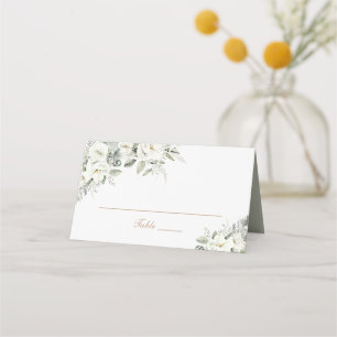Floral White Greenery Sage Green Elegant Wedding Place Card