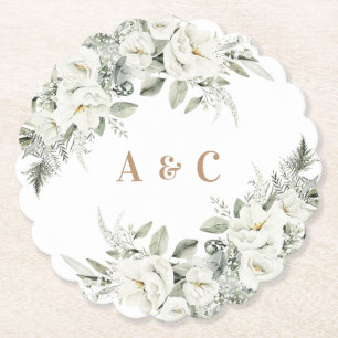 Floral White Greenery Sage Monogram Wedding Paper Coaster