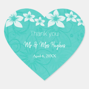 Floral white hibiscus flower wedding thank you heart sticker