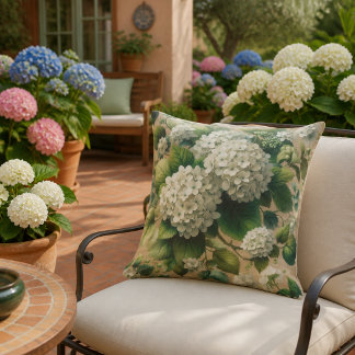 Floral White Hydrangea Blooms and Green Leaves Cushion