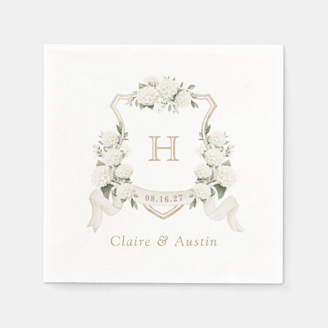 Floral White Hydrangea Crest Wedding Monogram Napkin (Front)