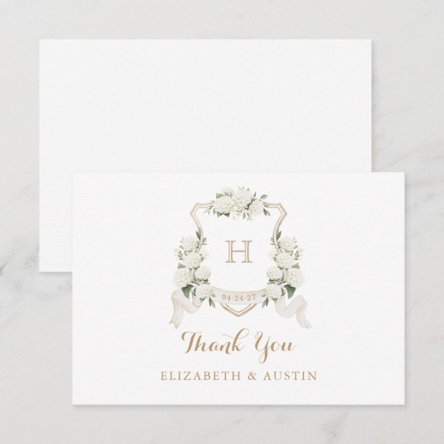 Floral White Hydrangea Crest Wedding Monogram Thank You Card (Front/Back)