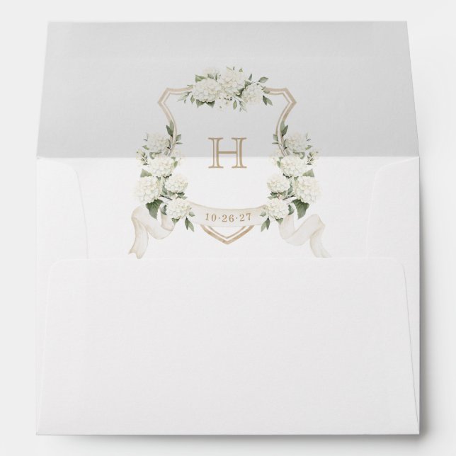 Floral White Hydrangea Wedding Crest Gold Envelope (Back (Bottom))