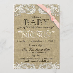 Floral White Lace and Bow Baby Shower Blush Pink Invitation