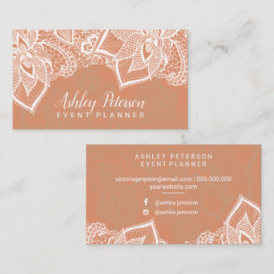 Floral white lace tan copper event planner business card