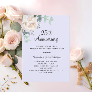 Floral white lavender 25th wedding anniversary invitation
