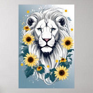 Floral White Lion Poster - Safari Wildlife Art