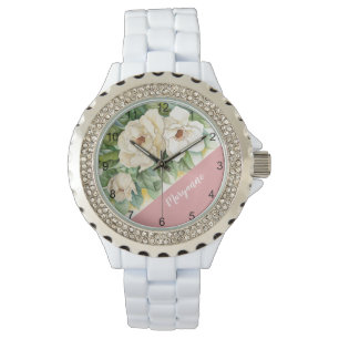 Floral White Magnolia Add Name Watercolor Wrist Watch