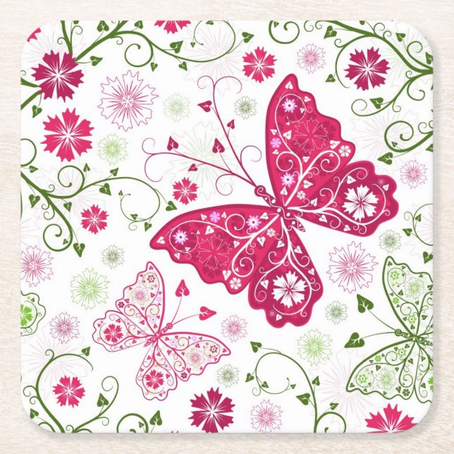 Floral White Pattern Square Paper Coaster (Front)