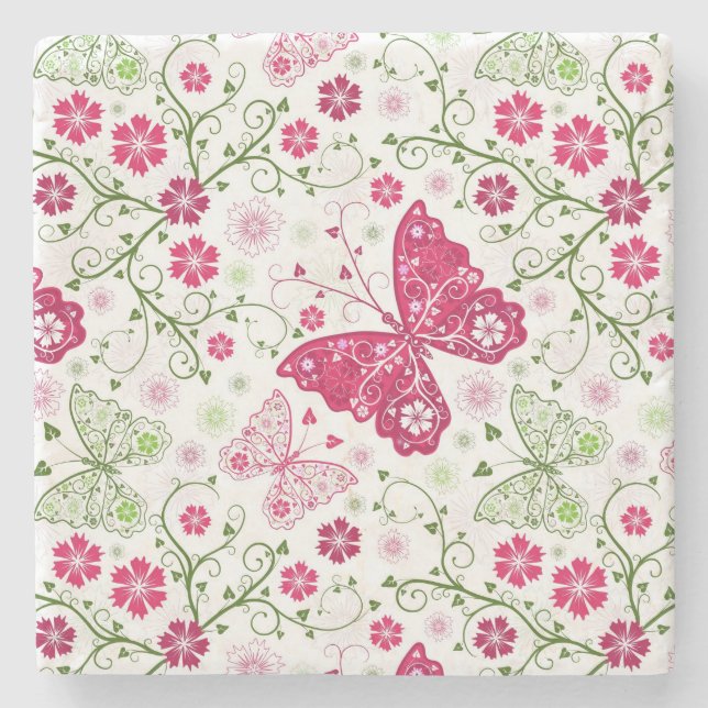 Floral White Pattern Stone Coaster (Front)