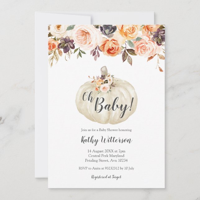 Floral White Pumpkin Baby Shower Invitation (Front)