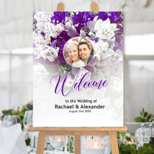 Floral White Purple Wedding Reception Welcome Sign