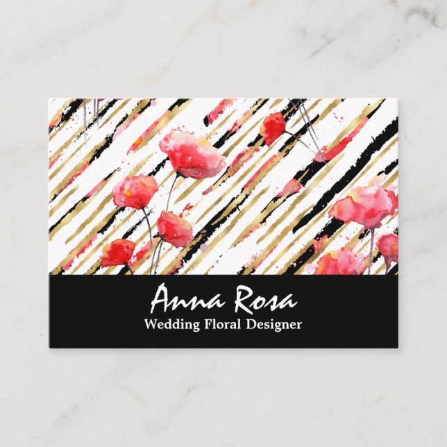 *~* Floral White Red Poppy Black Glitter Foil Chic Business Card (Front)