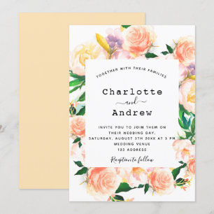Floral white rose gold pink wedding invitation