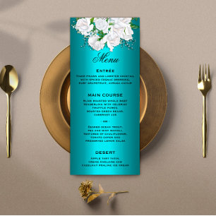 Floral White Roses and Metallic Aqua Wedding Menu