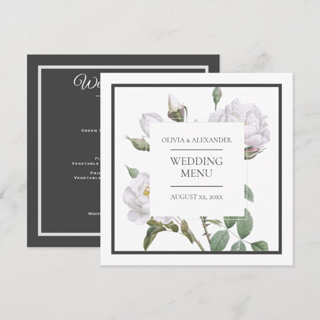 Floral White Roses Elegant Wedding Flat Menu (Front/Back)