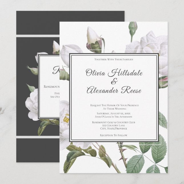 Floral White Roses Elegant Wedding Invitation (Front/Back)