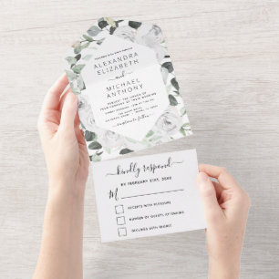 Floral White Roses Eucalyptus Wedding All In One Invitation