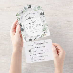 Floral White Roses Eucalyptus Wedding RSVP All In One Invitation