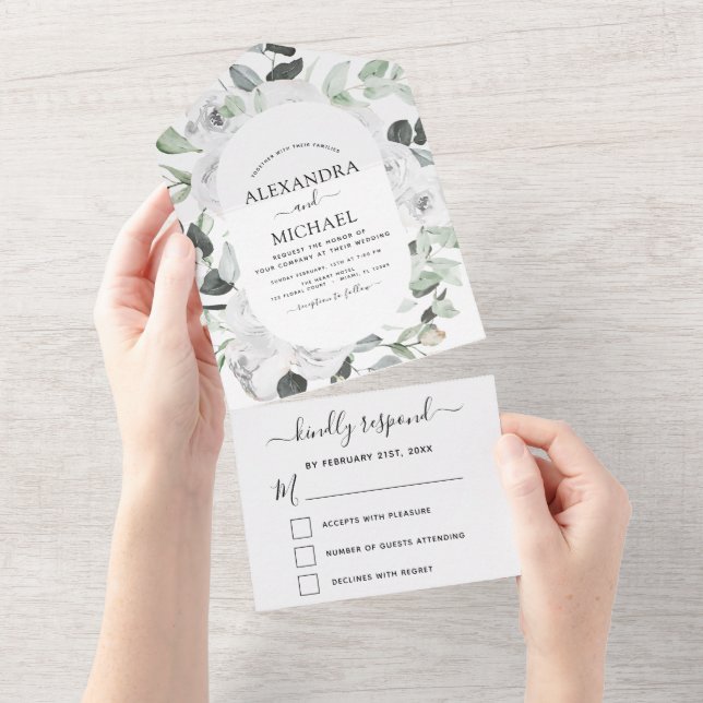 Floral White Roses Eucalyptus Wedding RSVP All In One Invitation (Tearaway)