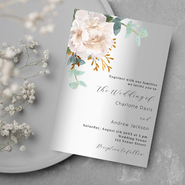 Floral white silver greenery modern wedding invitation (Creator Uploaded)
