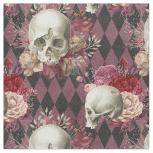 Floral White Skulls and Dark Pink Checkered Fabric