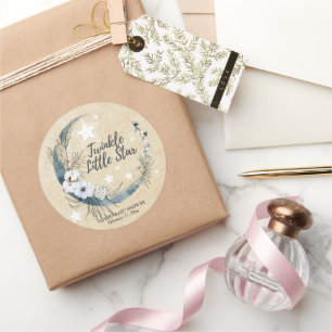 Floral White Twinkle Little Star Baby Shower Classic Round Sticker
