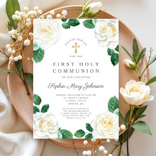 Floral White Watercolor Roses Girl First Communion Invitation