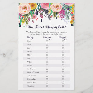 Floral Who Knows Mummy Best Baby Shower Game