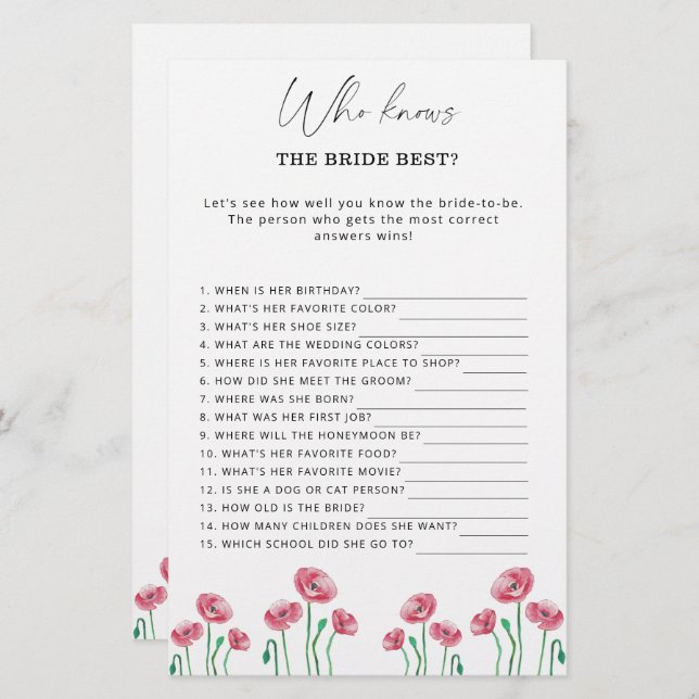Floral Who knows the bride best game (Front/Back)