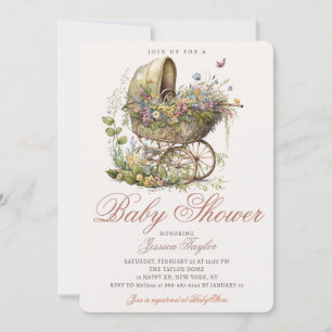 Floral Wicker Stroller Girl Vintage Baby Shower  Invitation
