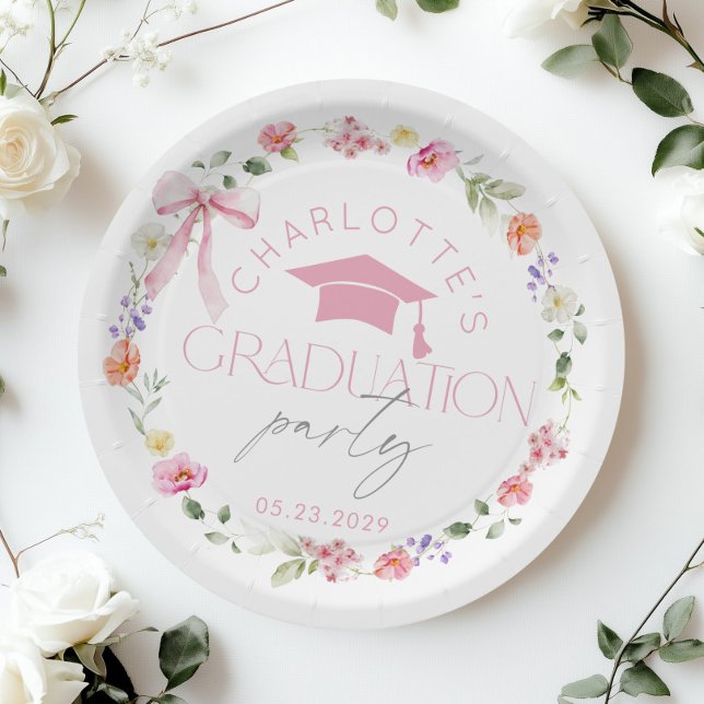 Floral Widflower Pink Bow Graduation party Paper Plate (Creator Uploaded)