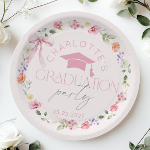 Floral Widflower Pink Bow Graduation party Paper Plate
