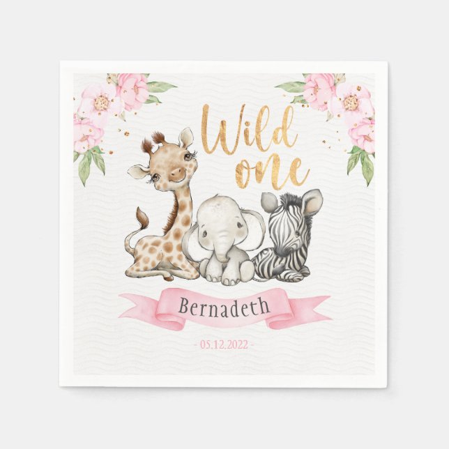 Floral Wild One Baby Animals 1st Birthday Party Napkin (Front)