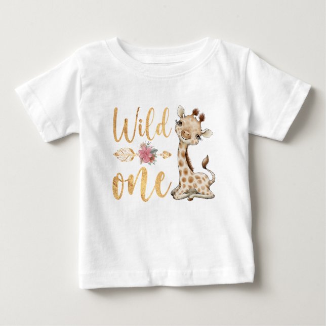 Floral  WILD ONE Safari First Birthday Baby T-Shirt (Front)