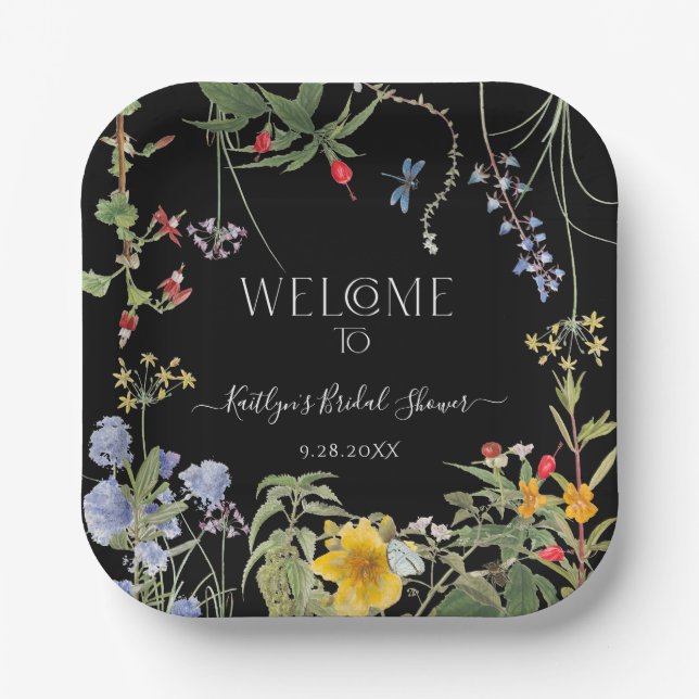 Floral Wildflower Boho Black Welcome Bridal Shower Paper Plate (Front)