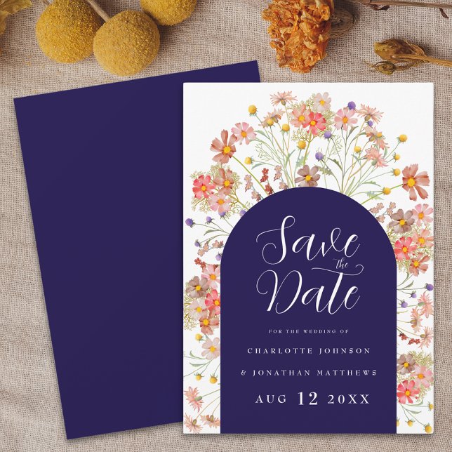 Floral Wildflower Boho Wedding Save The Date (Floral wildflower arch boho Rustic fall navy blue and white wedding save the date invitation elegant)