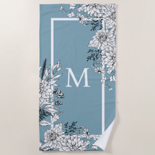 Floral Wildflower Botanical Monogram Blue White Beach Towel