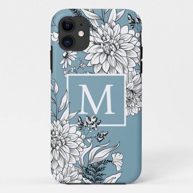 Floral Wildflower Botanical Monogram Blue White Case-Mate iPhone Case (Back)
