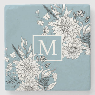 Floral Wildflower Botanical Monogram Blue White Stone Coaster