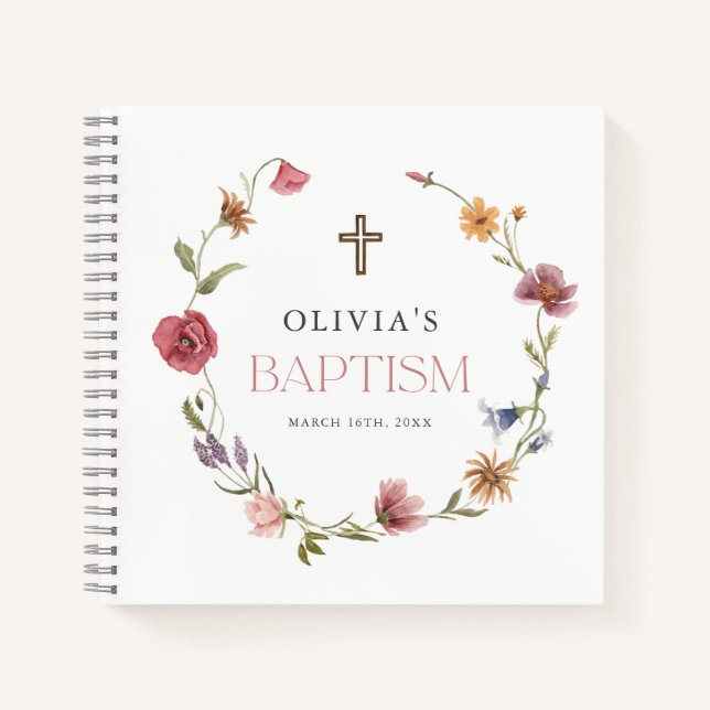 Floral Wildflower Girl Baptism Celebration Notebook (Front)