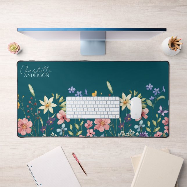 Floral  Wildflower Name Monogram Deep Teal Desk Mat (Office 1)