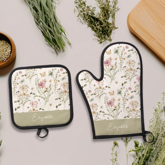 Floral Wildflower Personalised Monogram Oven Mitt & Pot Holder Set (Creator Uploaded)