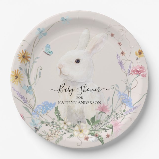 Floral Wildflower Watercolor Rabbit Butterfly Bee Paper Plate (Front)