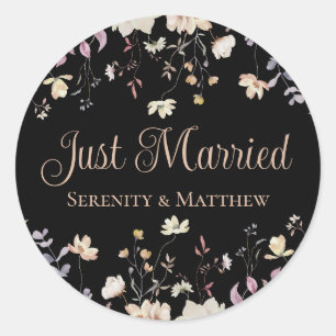 Floral Wildflowers Black Wedding Just Married Classic Round Sticker