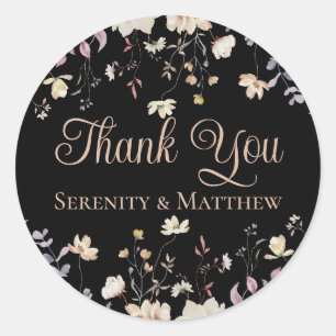 Floral Wildflowers Black Wedding Thank You Classic Round Sticker