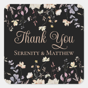 Floral Wildflowers Black Wedding Thank You Square Sticker