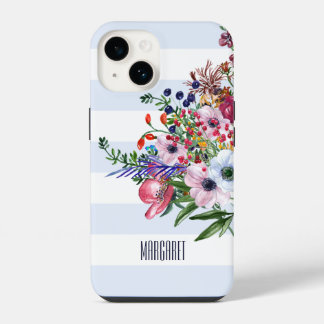 Floral Wildflowers Bouquet Light Blue Stripes iPho iPhone 14 Case