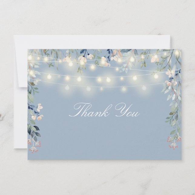 Floral Wildflowers Dusty Blue String Lights Script Thank You Card (Front)