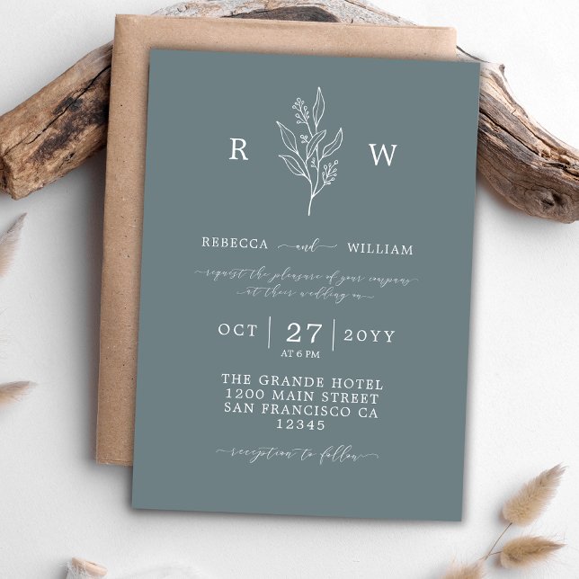Floral Wildflowers Sketched Monogram Blue Wedding  Invitation (Creator Uploaded)